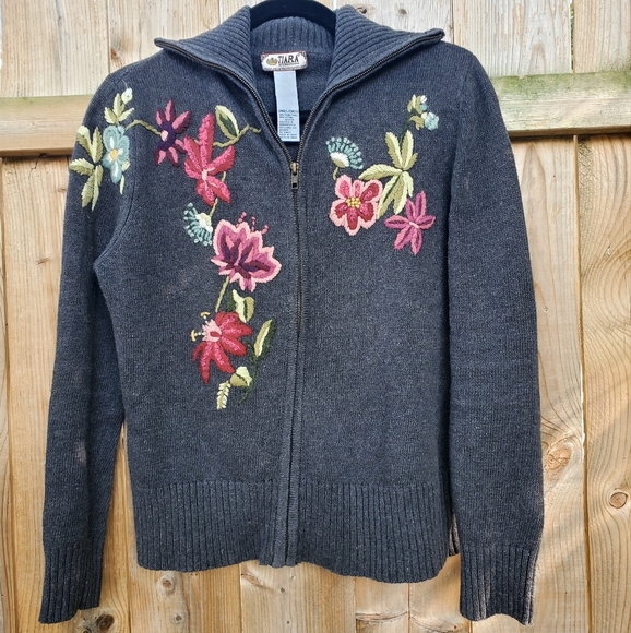 Tiara International Vintage Embroidered Ramie Cotton Full Zip Sweater Size S - Picture 1 of 4